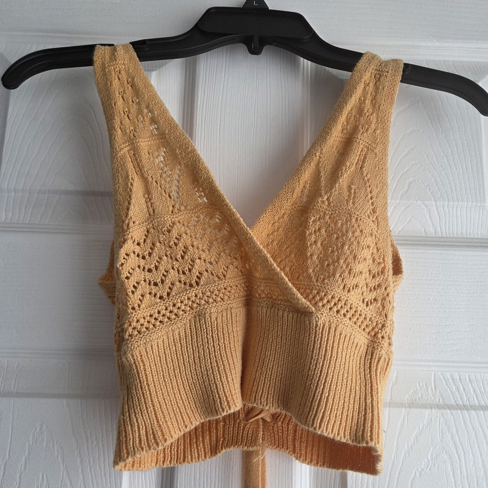 Peach Knit Wrap Crop Top Women’s Boho Cottagecore Tie Back Sweater Tank